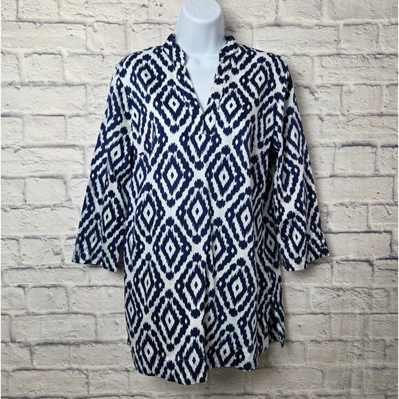 Brooks Brothers Tops - Brooks Brothers 346 Tunic Blouse Womens Size Medium Blue White Geometric Pattern